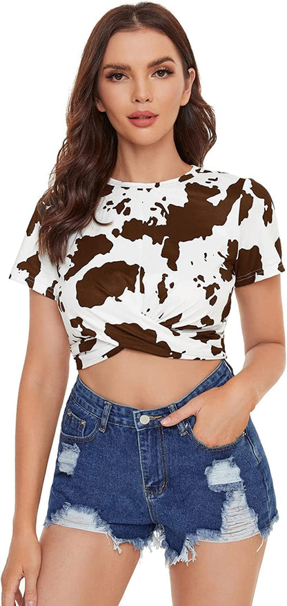 Women'S Cow Print Twist Front round Neck Short Sleeve Crop Tee Top Brown / 3X-Large