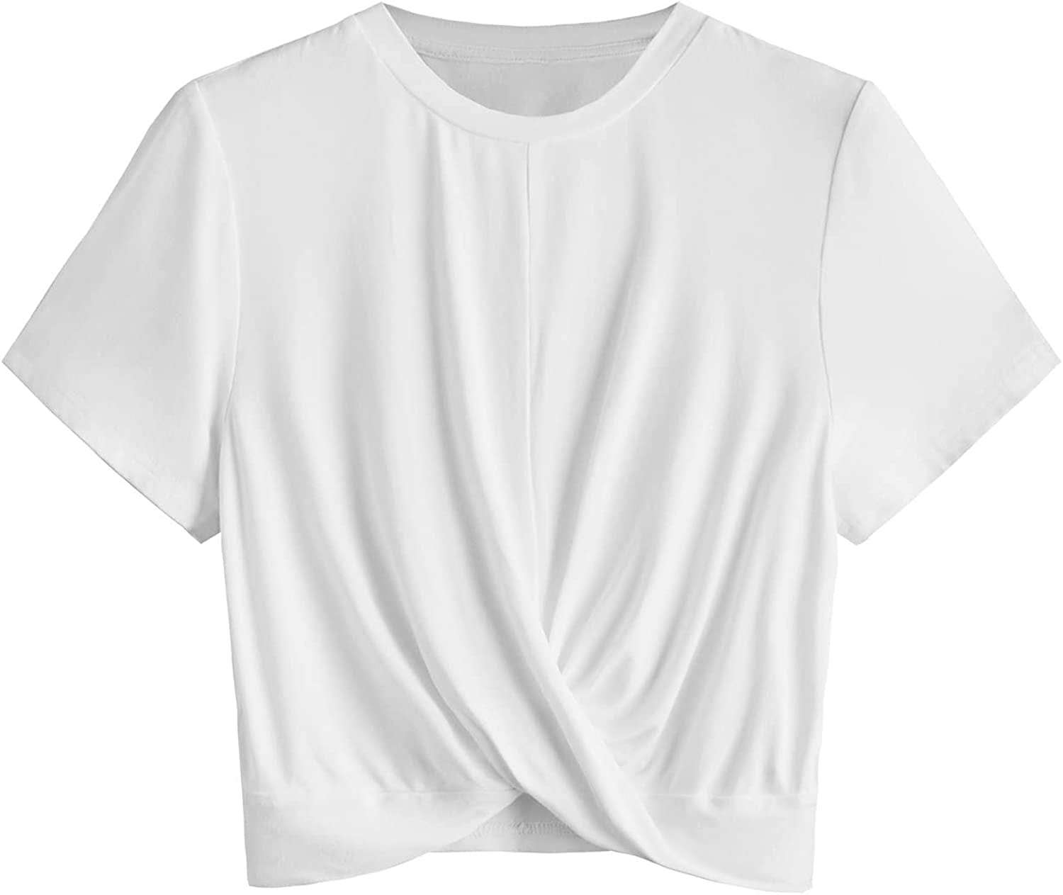 Women'S Cow Print Twist Front round Neck Short Sleeve Crop Tee Top White Solid / X-Large