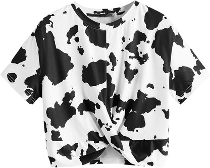 Women'S Cow Print Twist Front round Neck Short Sleeve Crop Tee Top Black and White / X-Large