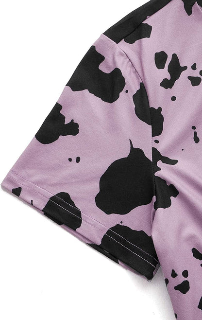 Women'S Cow Print Twist Front round Neck Short Sleeve Crop Tee Top