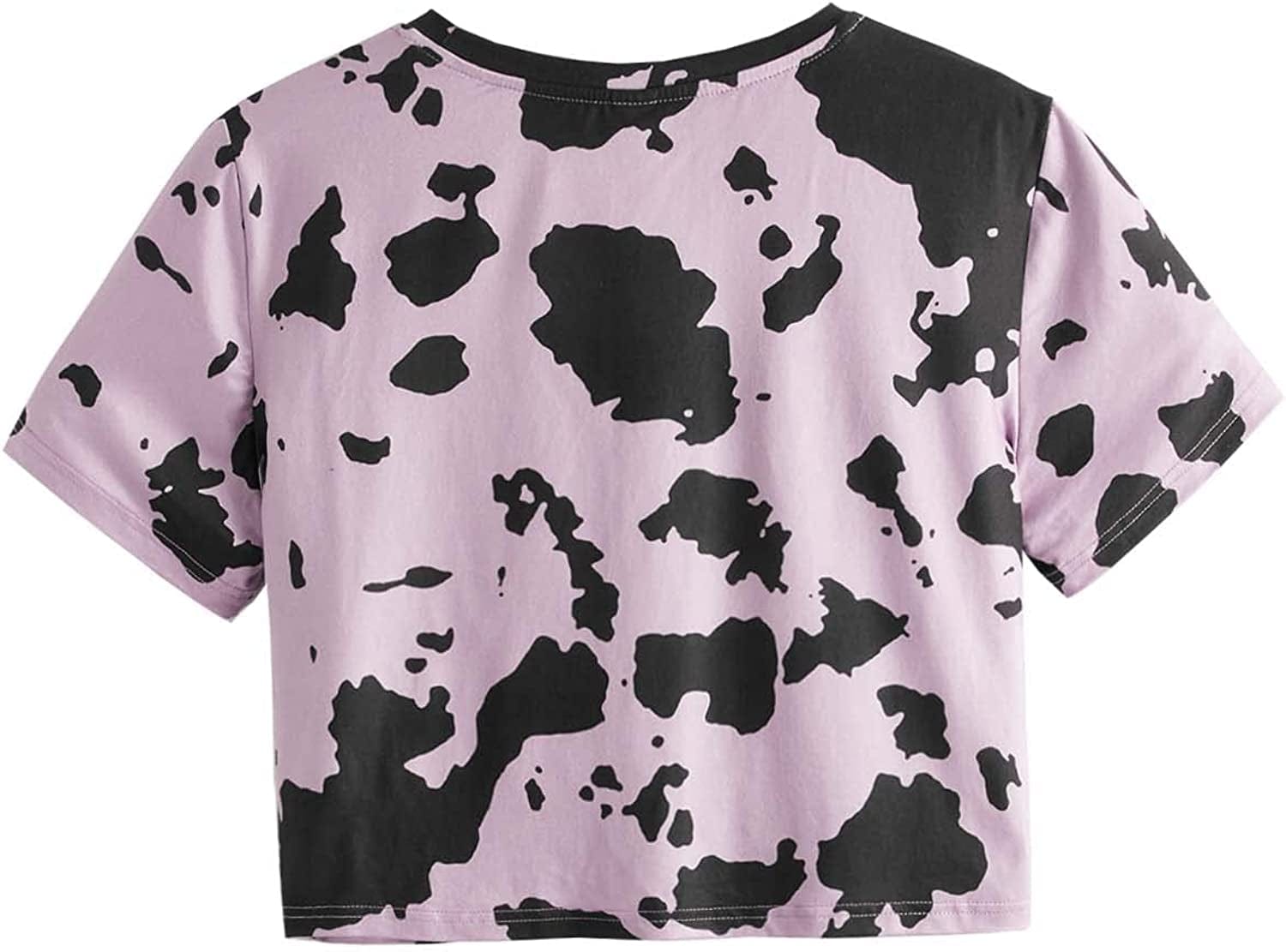 Women'S Cow Print Twist Front round Neck Short Sleeve Crop Tee Top
