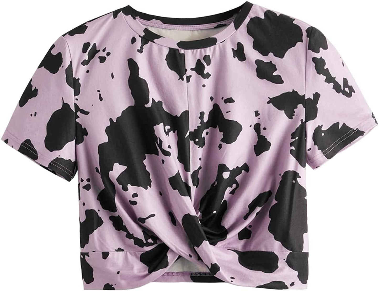 Women'S Cow Print Twist Front round Neck Short Sleeve Crop Tee Top Purple and Black / X-Large