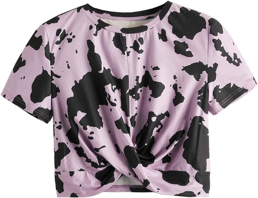 Women'S Cow Print Twist Front round Neck Short Sleeve Crop Tee Top Purple and Black / X-Large