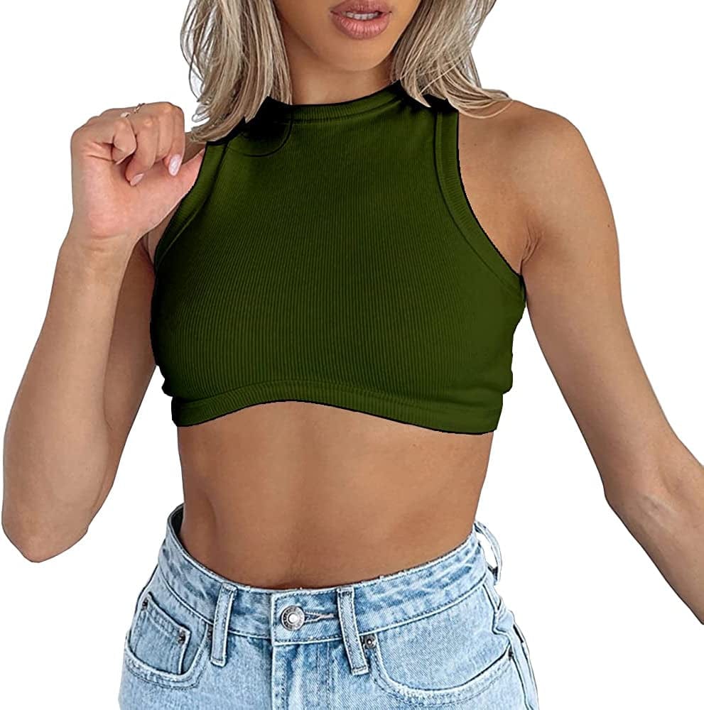 Women'S Crew Neck Racerback Knit Ribbed Basic Sleeveless Crop Tank Tops Army Green / Small