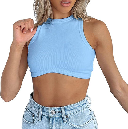 Women'S Crew Neck Racerback Knit Ribbed Basic Sleeveless Crop Tank Tops Light Blue / Medium