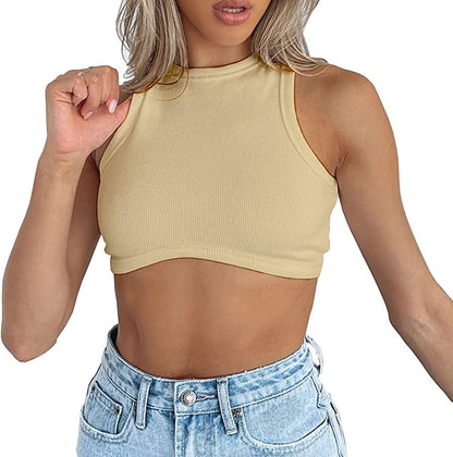 Women'S Crew Neck Racerback Knit Ribbed Basic Sleeveless Crop Tank Tops Khaki / Small