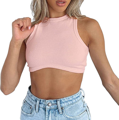 Women'S Crew Neck Racerback Knit Ribbed Basic Sleeveless Crop Tank Tops Pink / Small