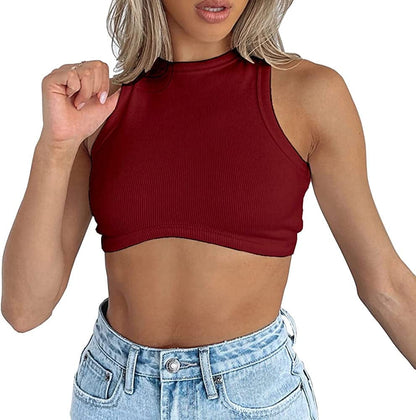 Women'S Crew Neck Racerback Knit Ribbed Basic Sleeveless Crop Tank Tops Burgundy / Medium