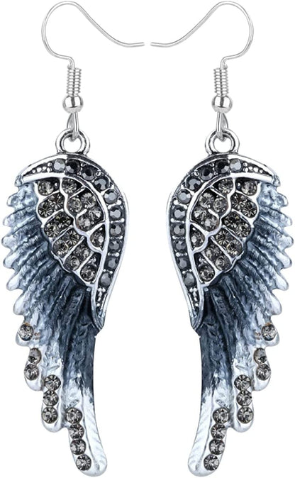 Women'S Crystal Guardian Angel Wings Hypoallergenic Dangle Earrings Biker Jewelry - 2 1/4 Inch Grey