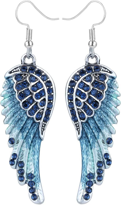 Women'S Crystal Guardian Angel Wings Hypoallergenic Dangle Earrings Biker Jewelry - 2 1/4 Inch Navy blue