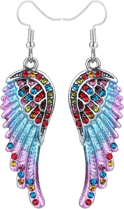 Women'S Crystal Guardian Angel Wings Hypoallergenic Dangle Earrings Biker Jewelry - 2 1/4 Inch Multi-color