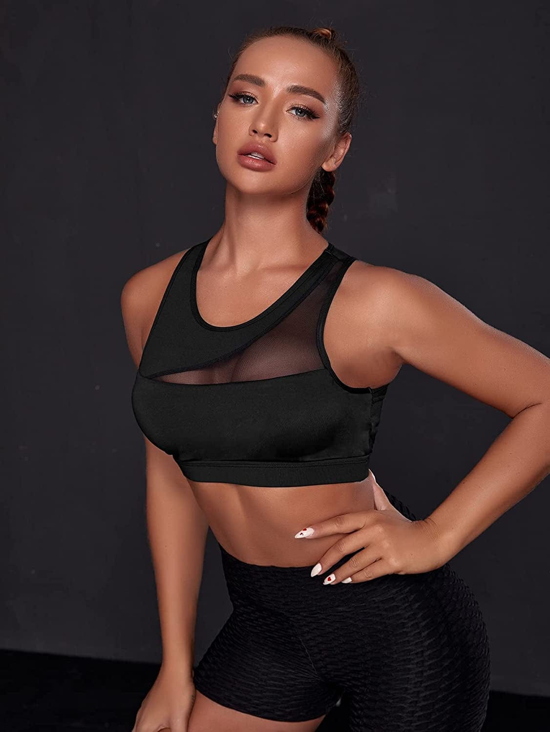 Women'S Cut Out Back Contrast Mesh Workout Sport Bra