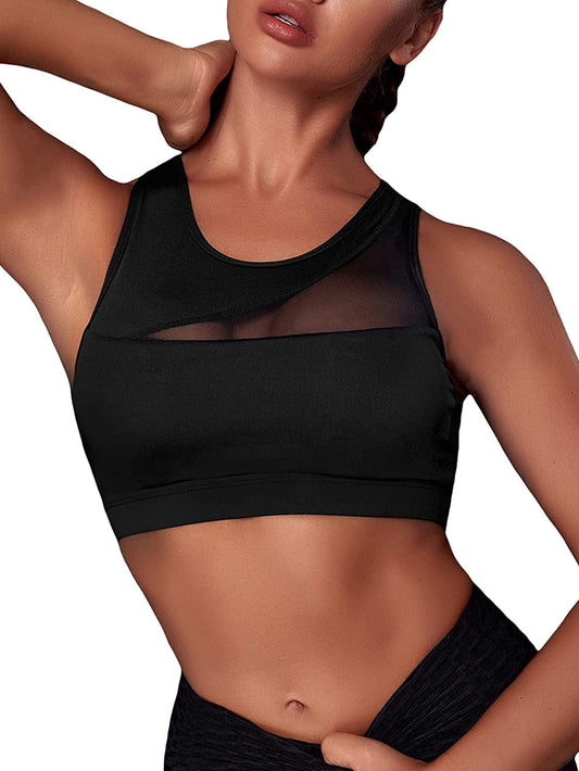 Women'S Cut Out Back Contrast Mesh Workout Sport Bra Black / Medium