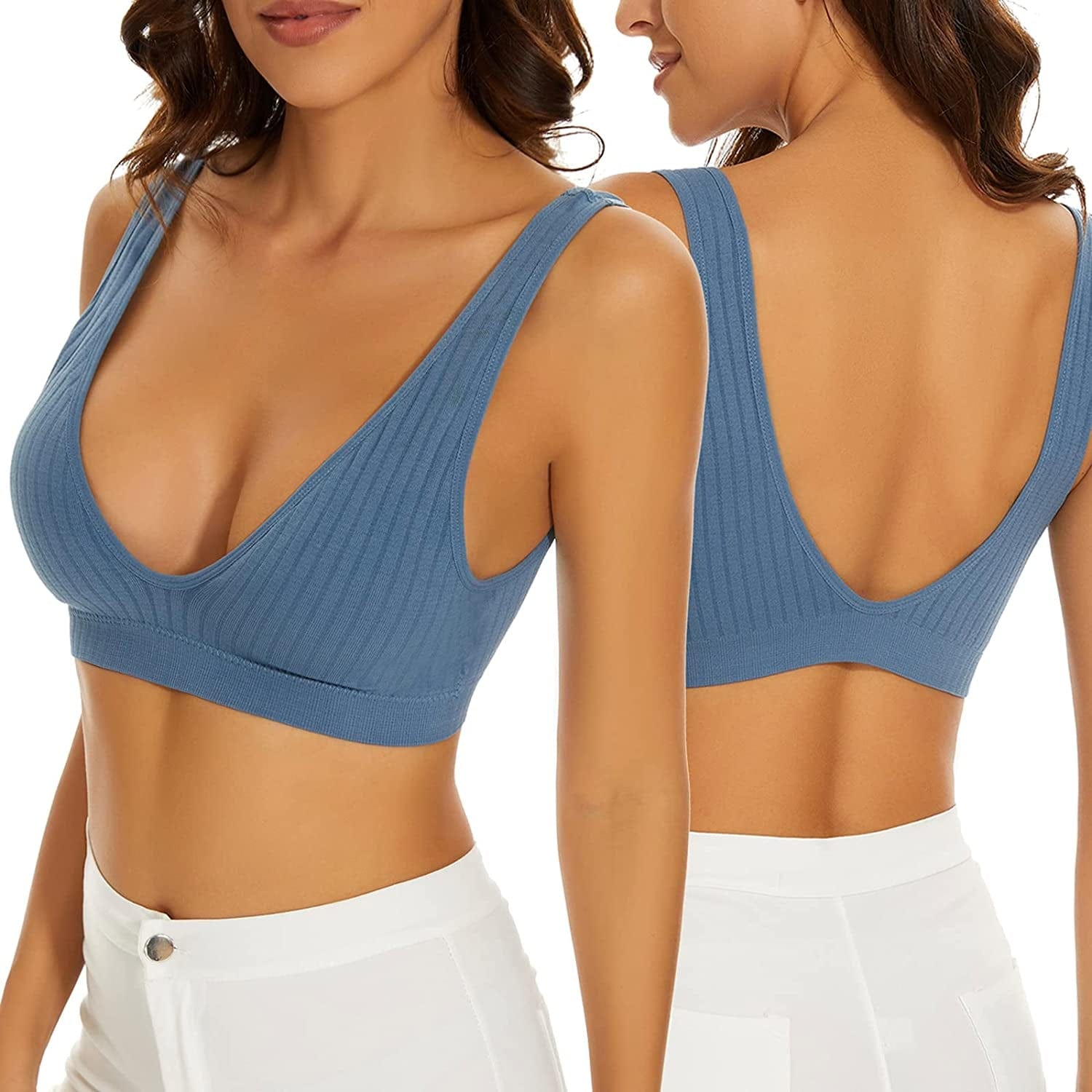 Women'S Deep V Plunge Bra Seamless Low Back Sport Bra Wireless Bralette for Women Oceanblue / Medium
