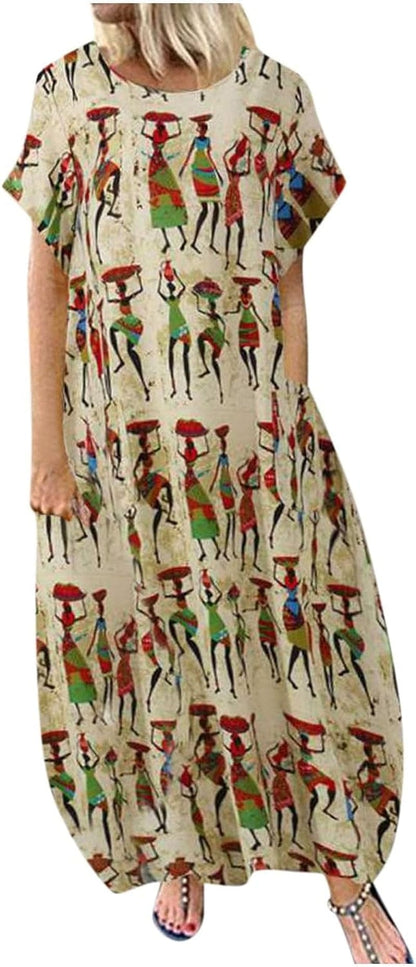 Women'S Fall Dresses 2023 Retro round Neck Long Dress Printed Loose Length Dress Ethnic Style, S-5XL Beige / X-Large