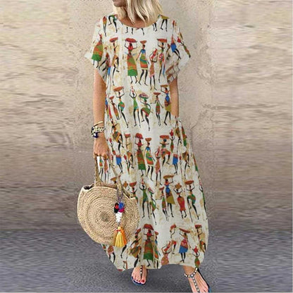 Women'S Fall Dresses 2023 Retro round Neck Long Dress Printed Loose Length Dress Ethnic Style, S-5XL