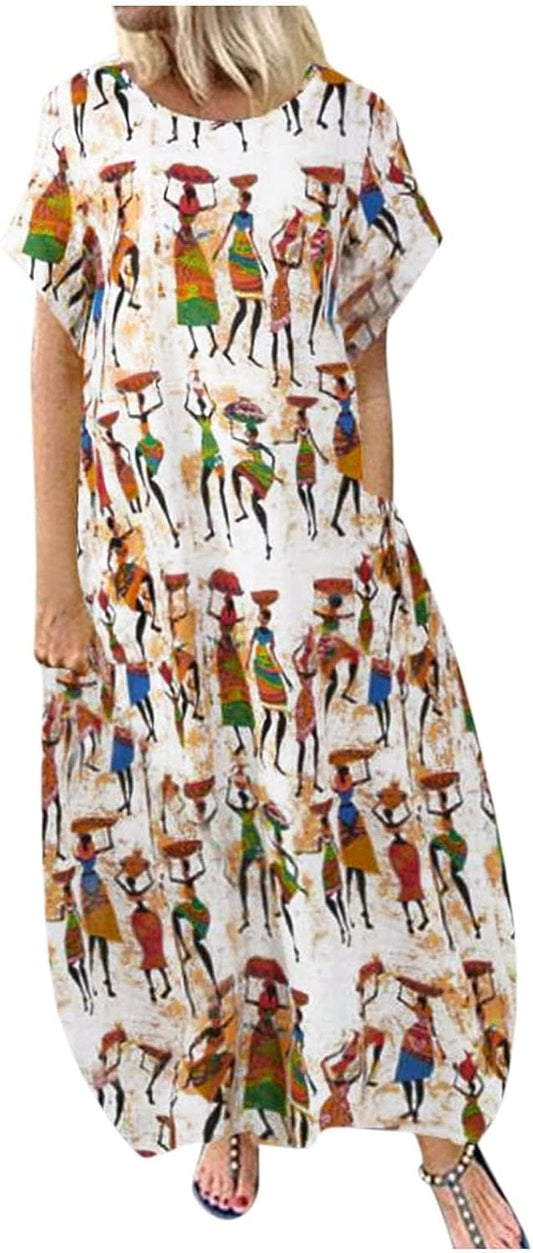 Women'S Fall Dresses 2023 Retro round Neck Long Dress Printed Loose Length Dress Ethnic Style, S-5XL