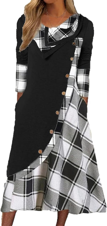 Women'S Fall Winter Plaid Splicing Long Sleeve Maxi Dress Casual plus Size Long Dress with Pockets Black / Xx-Large