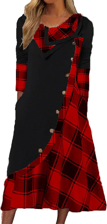 Women'S Fall Winter Plaid Splicing Long Sleeve Maxi Dress Casual plus Size Long Dress with Pockets Red / 3X-Large