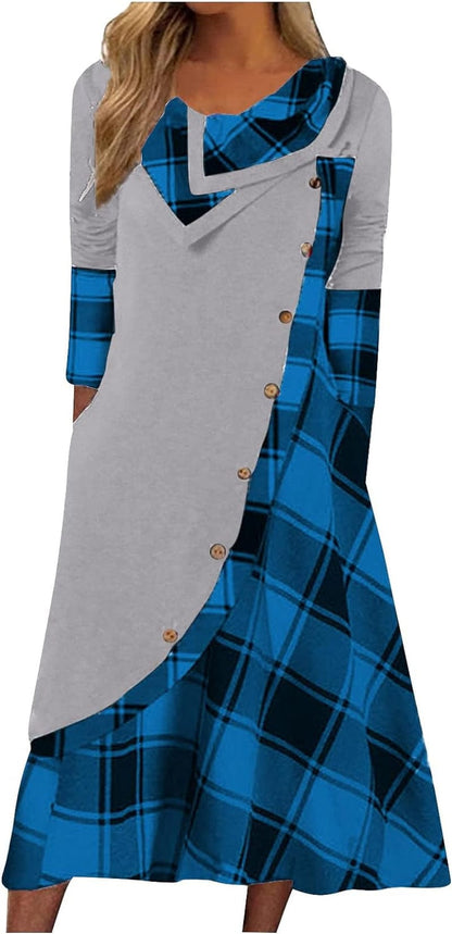 Women'S Fall Winter Plaid Splicing Long Sleeve Maxi Dress Casual plus Size Long Dress with Pockets Greyblue / X-Large