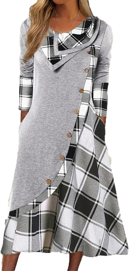 Women'S Fall Winter Plaid Splicing Long Sleeve Maxi Dress Casual plus Size Long Dress with Pockets Grey / 3X-Large