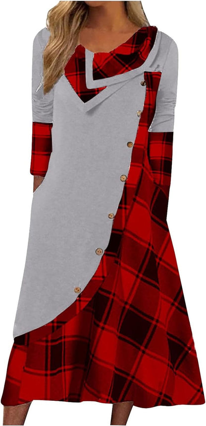 Women'S Fall Winter Plaid Splicing Long Sleeve Maxi Dress Casual plus Size Long Dress with Pockets Greyred / X-Large