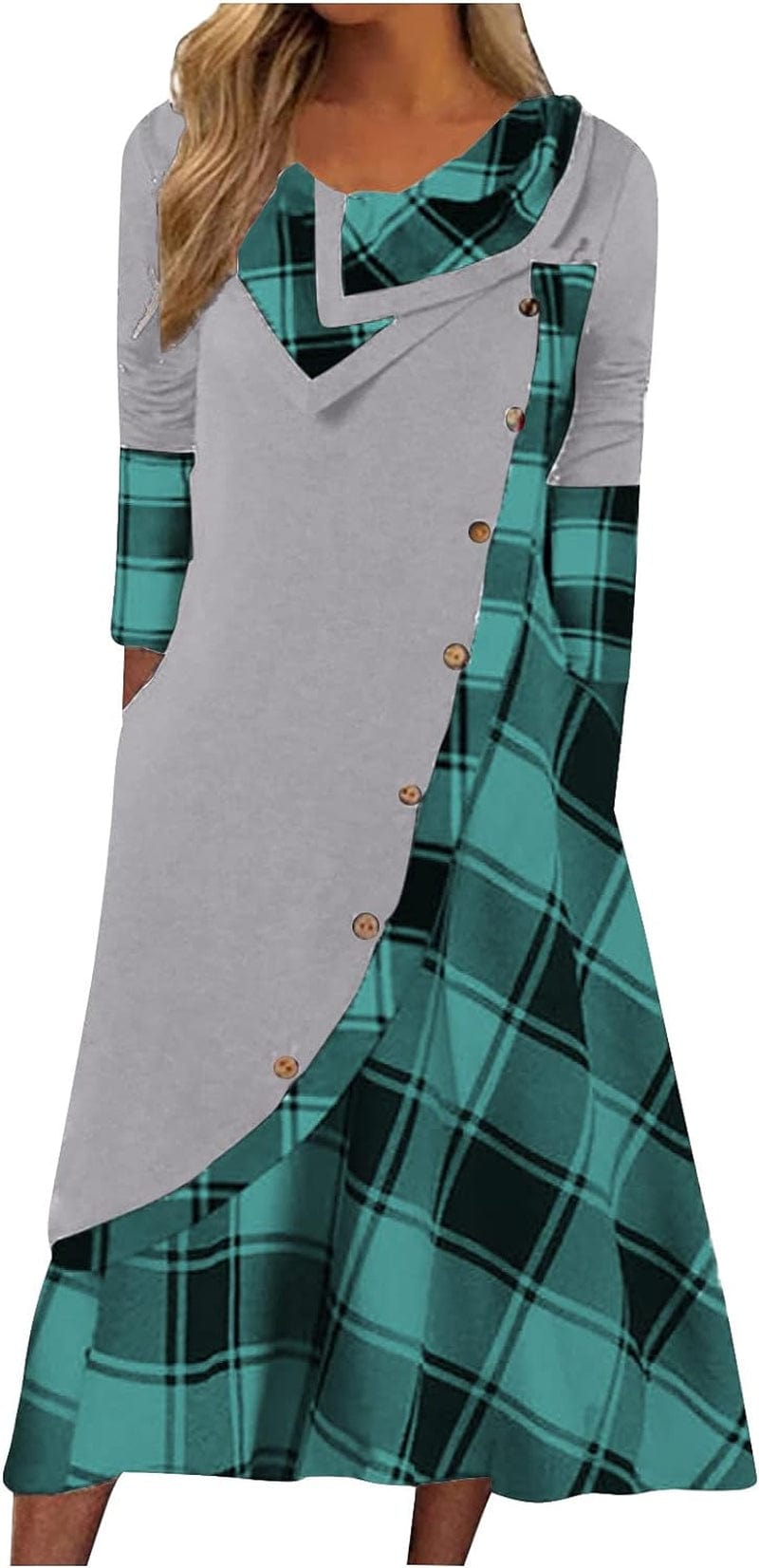 Women'S Fall Winter Plaid Splicing Long Sleeve Maxi Dress Casual plus Size Long Dress with Pockets Greygreen / X-Large