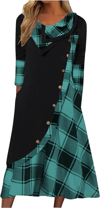 Women'S Fall Winter Plaid Splicing Long Sleeve Maxi Dress Casual plus Size Long Dress with Pockets Blackgreen / X-Large