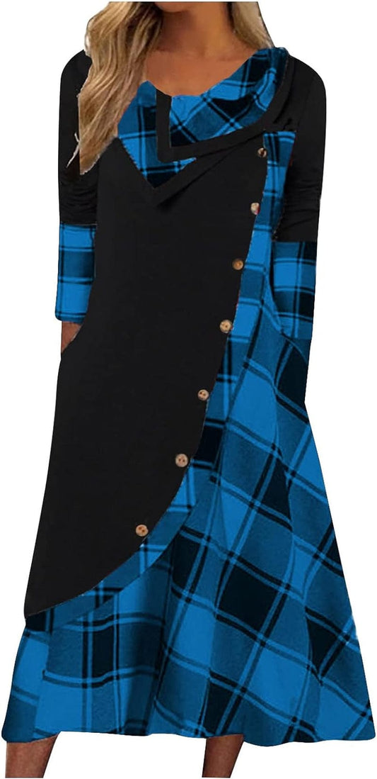 Women'S Fall Winter Plaid Splicing Long Sleeve Maxi Dress Casual plus Size Long Dress with Pockets