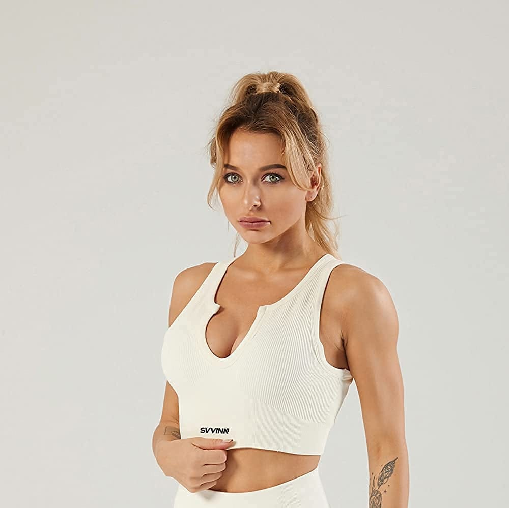 Women'S Fashion Seamless Sports Bras Active Yoga Deep-V Gym Workout Tank All You'Ve GOT Ribbed Sleeveless Crop TOP White / Medium