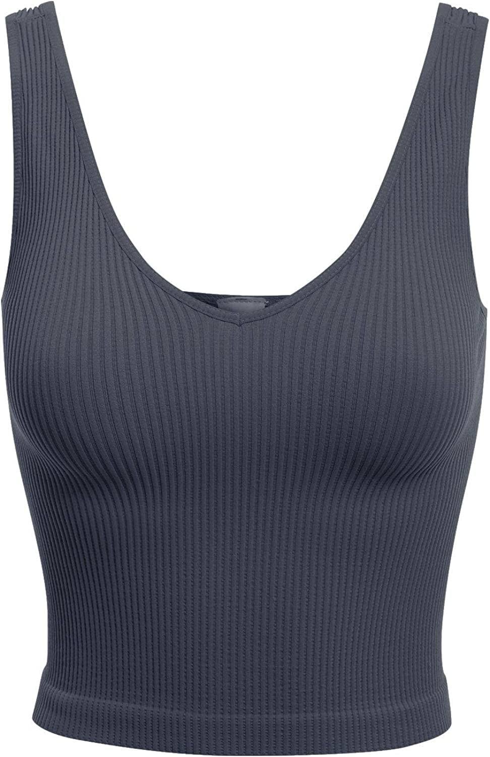 Women'S Four-Way Stretch V-Neck Ribbed Seamless Crop Top -Made in USA Ink Blue / One Size