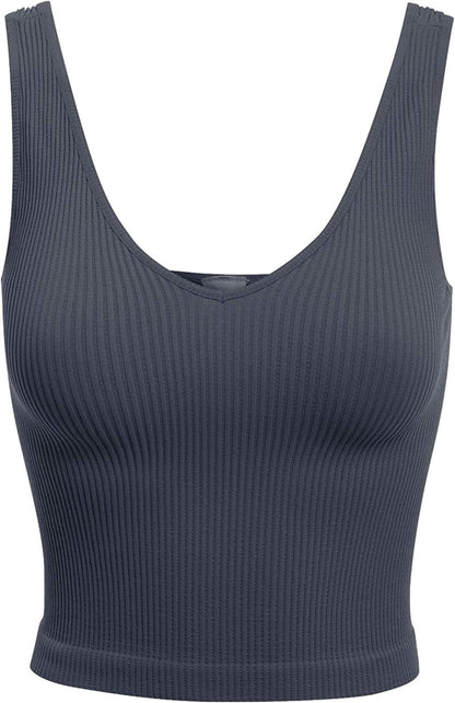 Women'S Four-Way Stretch V-Neck Ribbed Seamless Crop Top -Made in USA Ink Blue / One Size