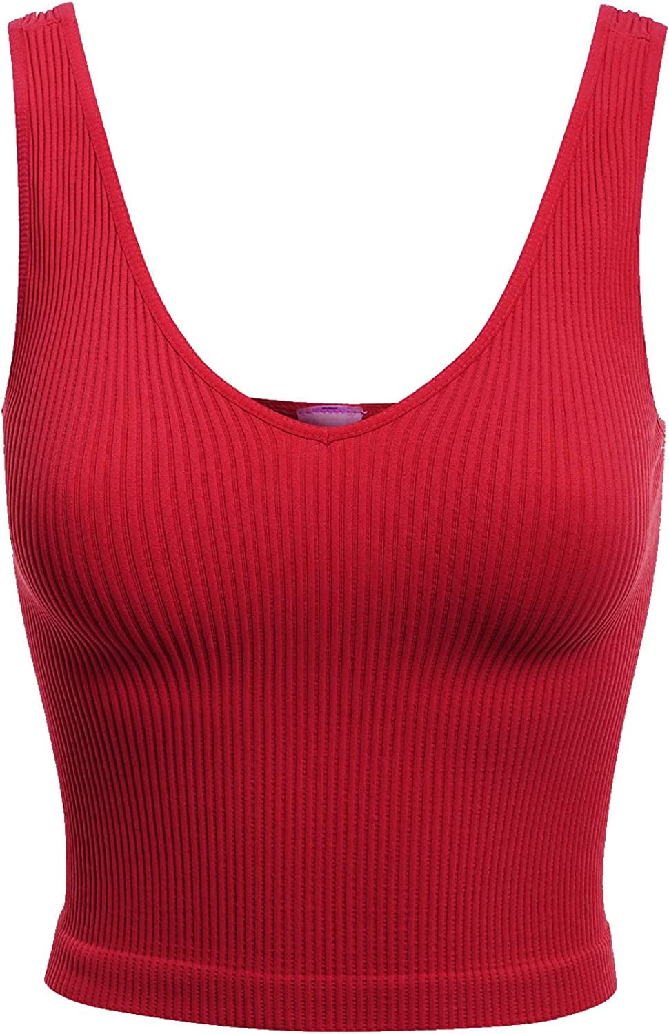 Women'S Four-Way Stretch V-Neck Ribbed Seamless Crop Top -Made in USA Rio Red / One Size