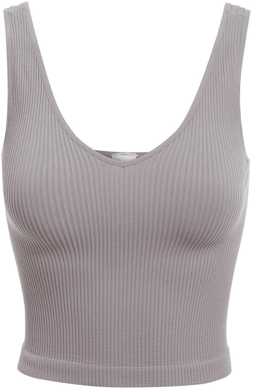 Women'S Four-Way Stretch V-Neck Ribbed Seamless Crop Top -Made in USA Lilac Grey / One Size