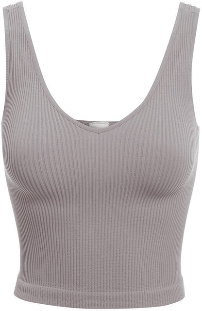 Women'S Four-Way Stretch V-Neck Ribbed Seamless Crop Top -Made in USA Lilac Grey / One Size