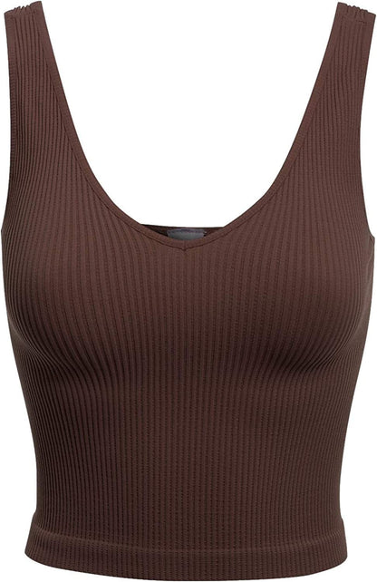 Women'S Four-Way Stretch V-Neck Ribbed Seamless Crop Top -Made in USA Chocolate / One Size