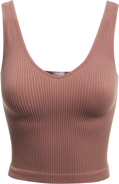 Women'S Four-Way Stretch V-Neck Ribbed Seamless Crop Top -Made in USA Cognac / One Size