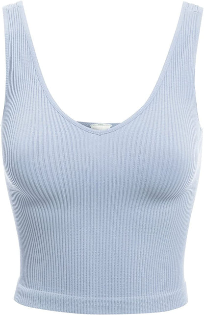 Women'S Four-Way Stretch V-Neck Ribbed Seamless Crop Top -Made in USA Cashmere Blue / One Size