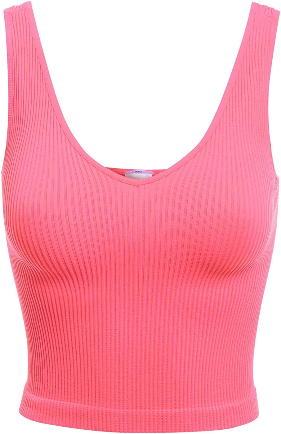 Women'S Four-Way Stretch V-Neck Ribbed Seamless Crop Top -Made in USA Bubble Gum / One Size