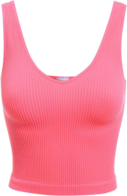 Women'S Four-Way Stretch V-Neck Ribbed Seamless Crop Top -Made in USA Bubble Gum / One Size