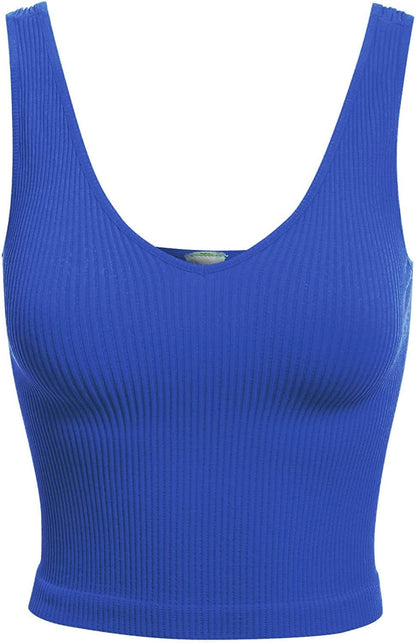 Women'S Four-Way Stretch V-Neck Ribbed Seamless Crop Top -Made in USA Royal Blue / One Size