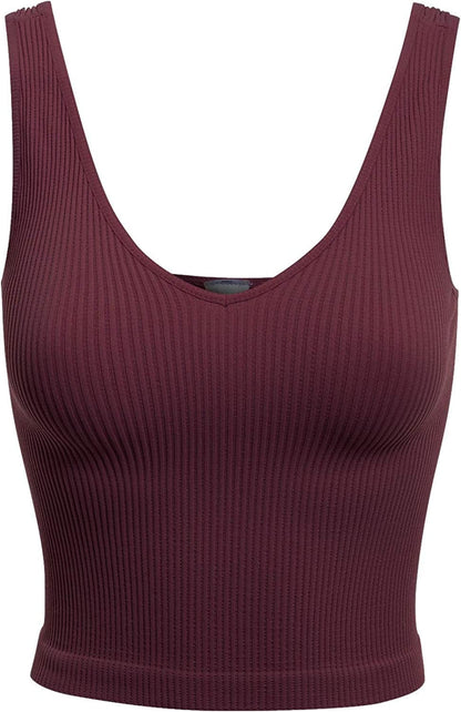Women'S Four-Way Stretch V-Neck Ribbed Seamless Crop Top -Made in USA Italian Plum / One Size