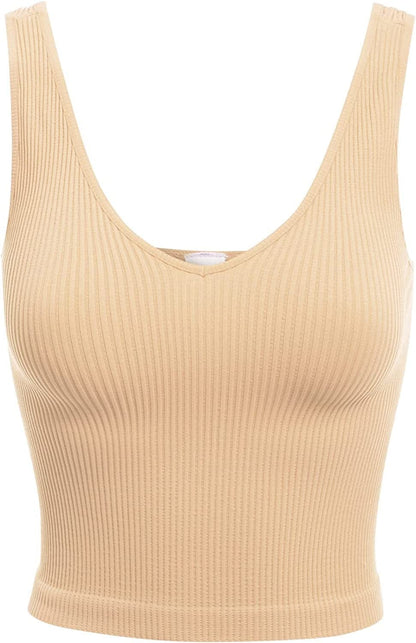 Women'S Four-Way Stretch V-Neck Ribbed Seamless Crop Top -Made in USA Pearled Ivory / One Size