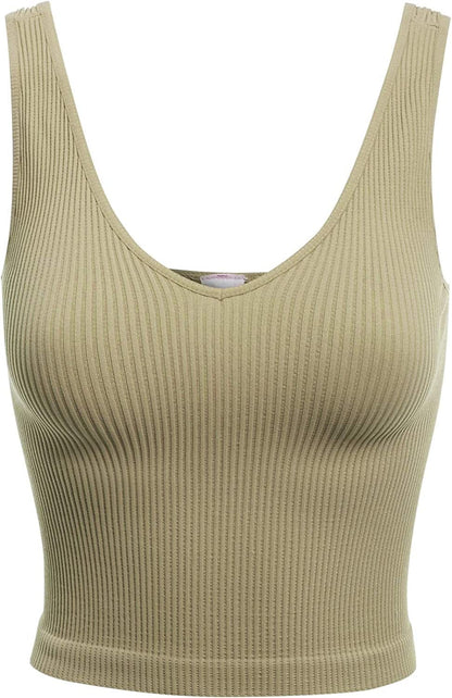 Women'S Four-Way Stretch V-Neck Ribbed Seamless Crop Top -Made in USA Silver Sage / One Size