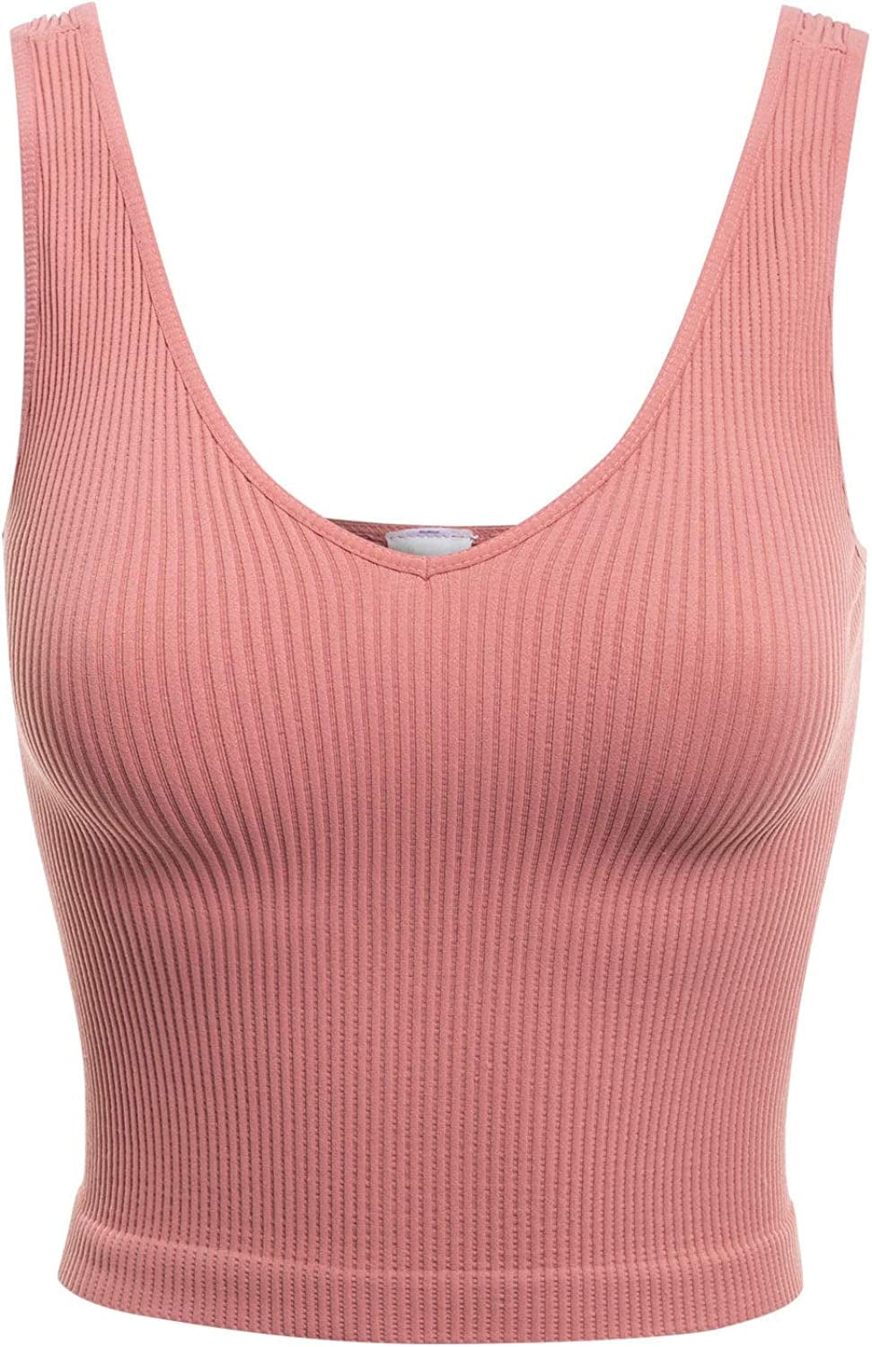Women'S Four-Way Stretch V-Neck Ribbed Seamless Crop Top -Made in USA Ash Rose / One Size
