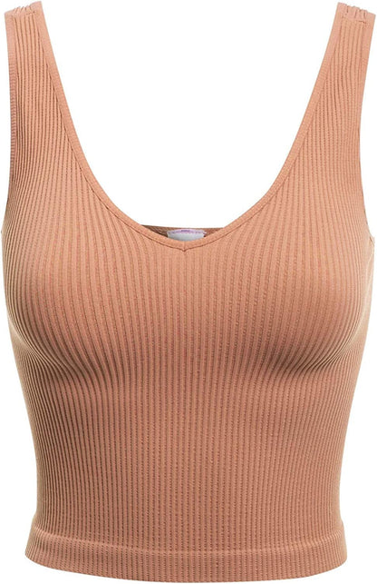 Women'S Four-Way Stretch V-Neck Ribbed Seamless Crop Top -Made in USA Sand Beige / One Size