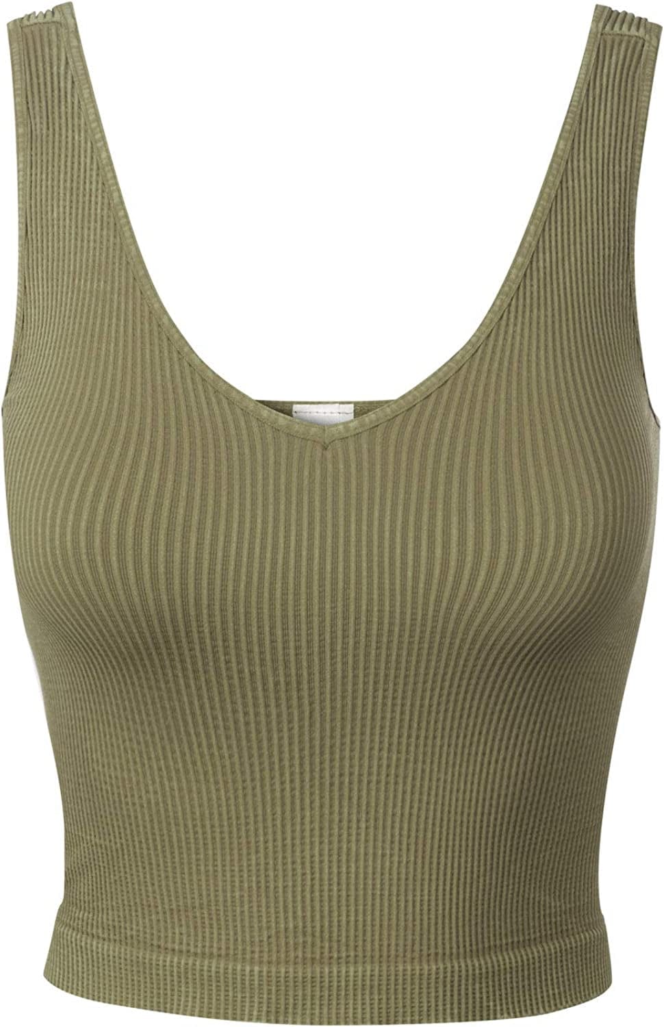 Women'S Four-Way Stretch V-Neck Ribbed Seamless Crop Top -Made in USA A Vintage Green Tea / One Size