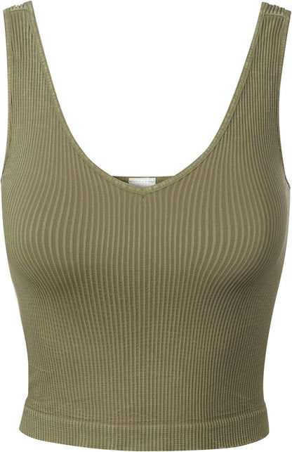 Women'S Four-Way Stretch V-Neck Ribbed Seamless Crop Top -Made in USA A Vintage Green Tea / One Size
