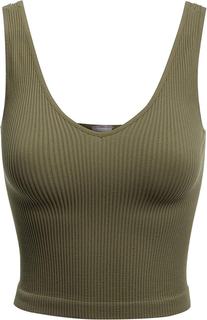 Women'S Four-Way Stretch V-Neck Ribbed Seamless Crop Top -Made in USA Dustyolive / One Size