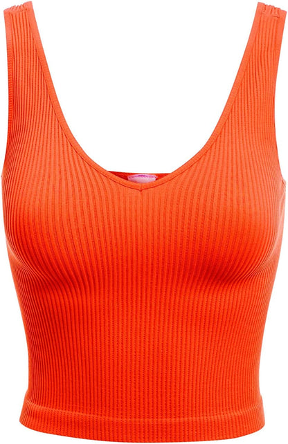 Women'S Four-Way Stretch V-Neck Ribbed Seamless Crop Top -Made in USA Cherry Tomato / One Size